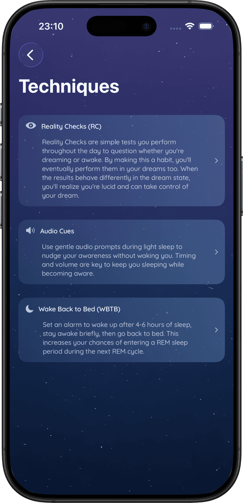Onyra lucid dreaming techniques interface showing Reality Checks, Audio Cues, and Wake Back to Bed (WBTB) methods with progress tracking